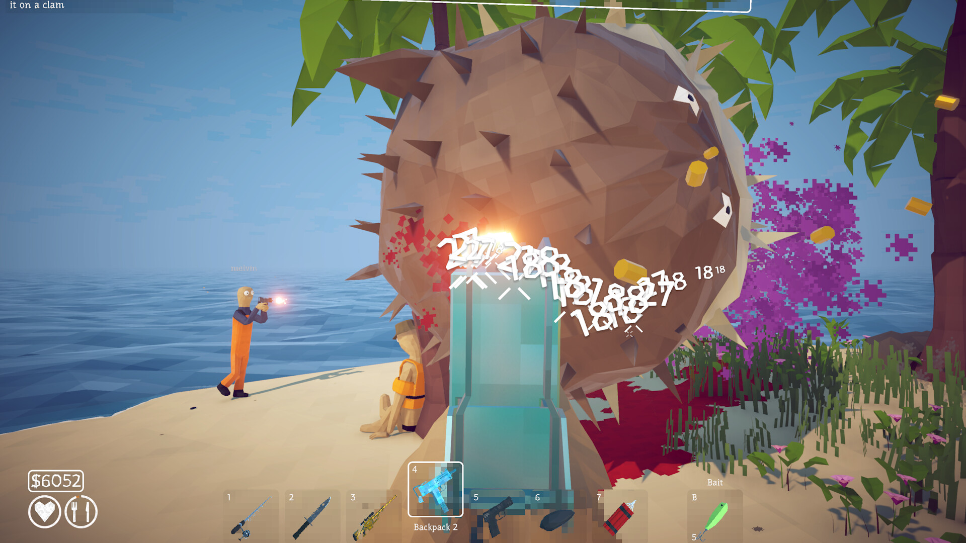 How to Fish: players fighting a giant pufferfish on the beach